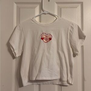 White Crop Top with Embroidered Red Heart Design